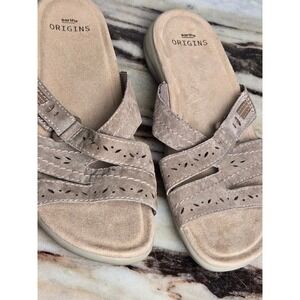 Earth Origins Taupe Suede Laser Cut Slide Sandals Comfort Cushioned Footbed 8.5